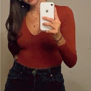 ZARA Deep V-Neck Long Bodysuit in Burgundy